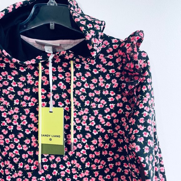 Sandy Liang S, M, L, 1X Pink Ditsy Floral Ruffle Hooded Hoodie Sweatshirt Top - Picture 2 of 11